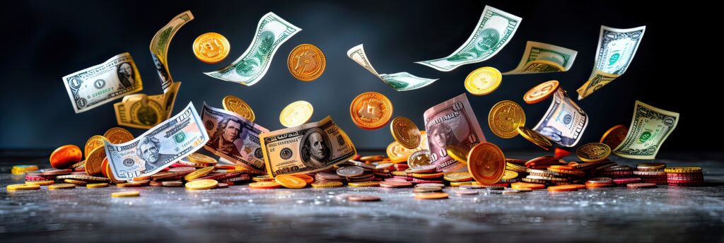 Coins cascading onto a table
