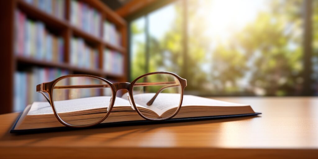 Eyeglasses beside bookshelves