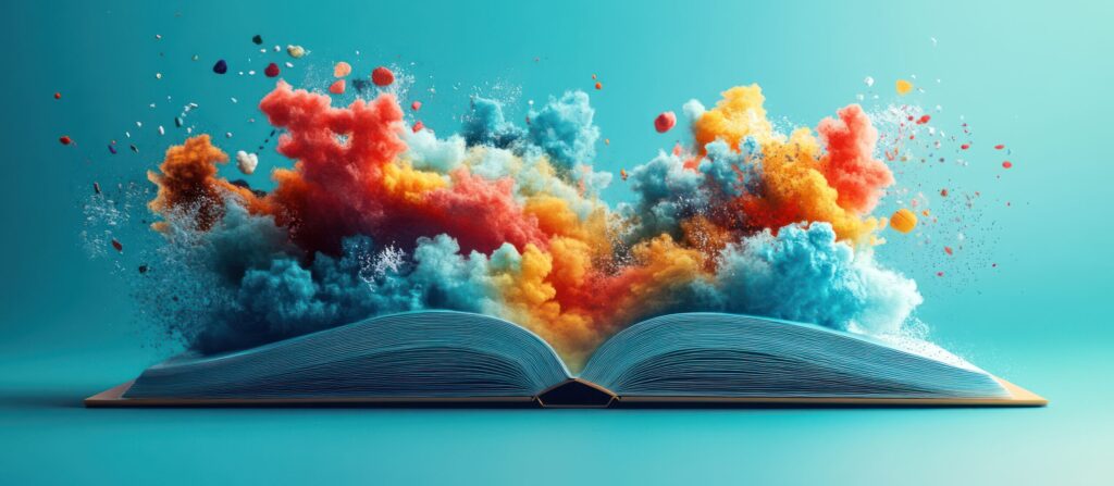 Open book with colourful paint and smoke