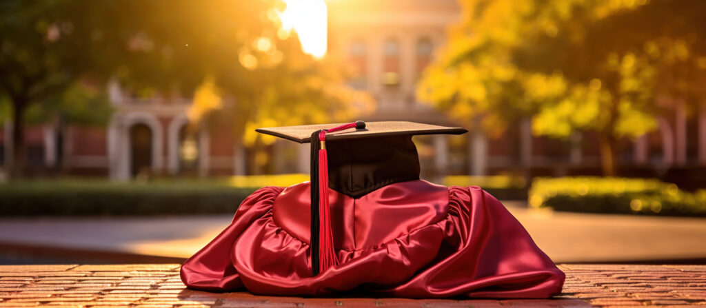 Graduation attire displayed on a college campus